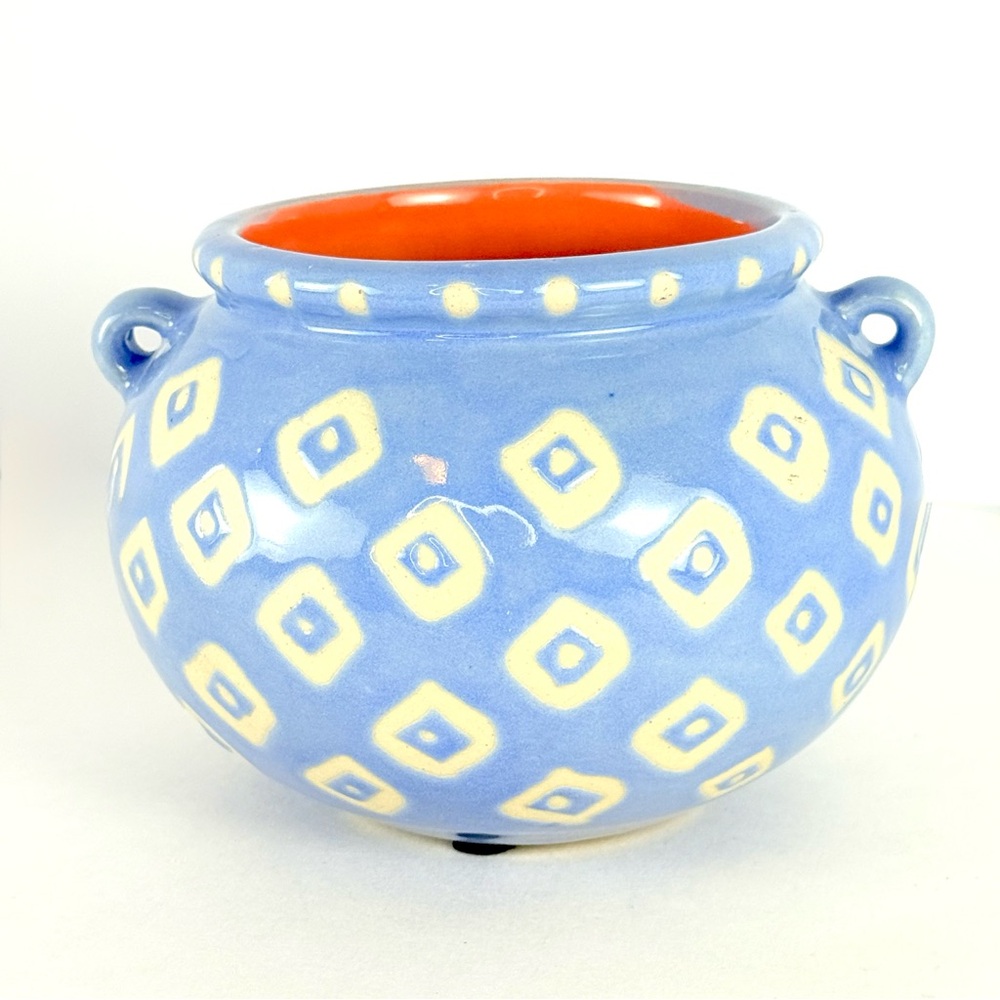 New WOT Anthropologie Stoneware Art Pottery Blue & White Flower Pot Tiny Handles